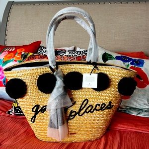 Kate Spade New York Lewis Way Large Pom Marketa Straw & Leather Tote